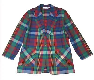 VINTAGE 80’s Oversized Plaid Multicolored One Button Blazer Jacket Women’s Small • $22.75