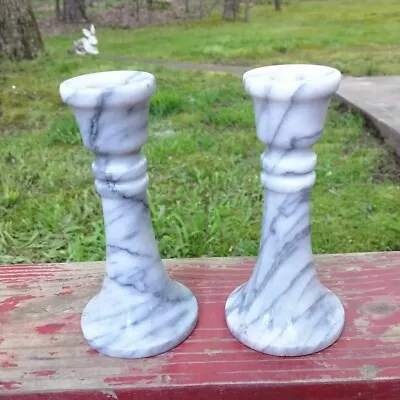 Vintage Grey Alabaster Solid Marble Candlesticks Set Of 2 Craft Supply 6  Prop • $13.99