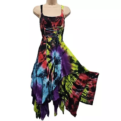 Tie Dye Dress Soft Viscose Bohemian Corset Festival Asymmetric One Size 10 12 14 • £29.99