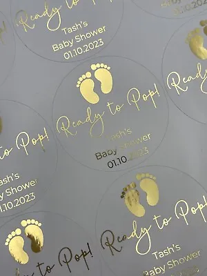 Personalised Ready To Pop! Foiled Baby Shower 24pk Round Stickers 50mm Favours • £2.75