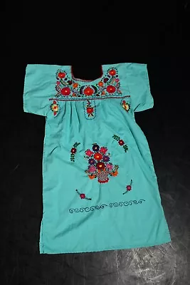 Vintage Baby Blue Mumu Kaftan Dress Embroidered Mexican • $9.99