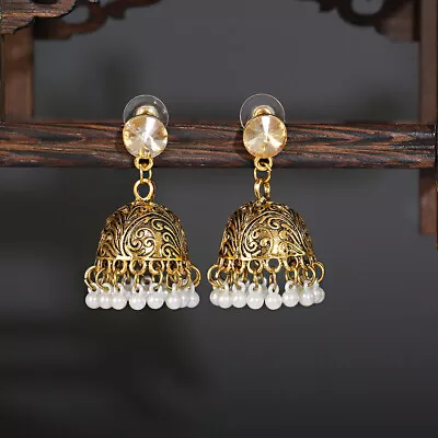 Women Gold Carved Drop Bells Earrings Pearl Beads Dangle Earring Indian Jewelry • $5.82