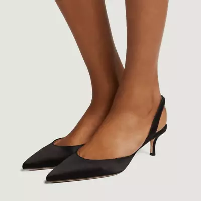 MANOLO BLAHNIK Carolyne Satin Low Heel Slingback Pump 50 In Black - 40 • $299