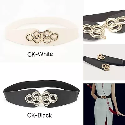 Women Pearl Waist Chain Belt Fashion Elastic Girdle Waistband W/ Rhinestone Buck • £7.99