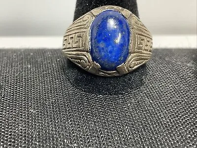 Vintage OVAL LAPIS ISLAMIC MIDDLE EASTERN STERLING SILVER MENS RING Size11 7.3 G • $65