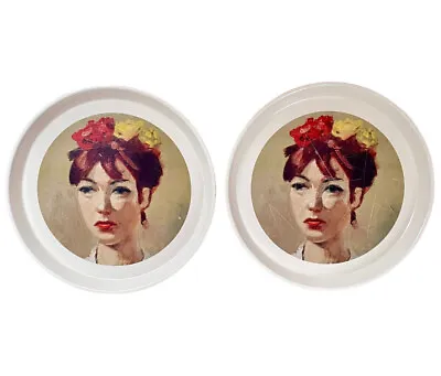 2 Vintage Fishs Eddy Woman W/ Flowers 12” Round Tray Camtray Fiberglass • $18