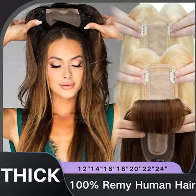 THICK Clip In Topper Hairpiece Remy 9A Human Hair Toupee Top Piece Wig Silk Base • £12.03