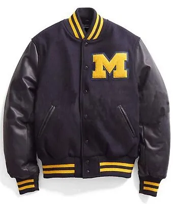 M-Patch Jacket Letterman Varsity Bomber Michigan Black Wool Black Leather Sleeve • $89.99