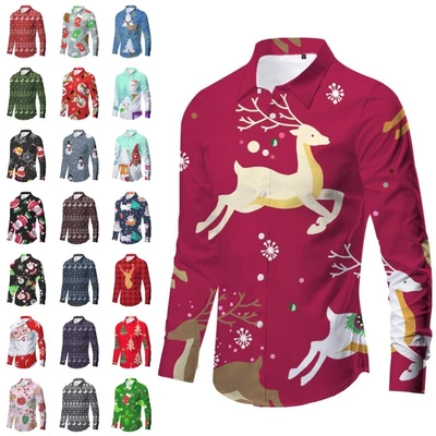 Mens Xmas Blouse Lapel Neck Christmas Shirt Men Comfy Long Sleeve Tunic Shirts • £15.95