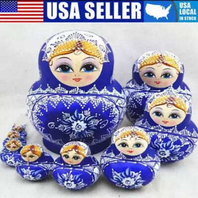 10pcs Russian Nesting Dolls Vintage Hand Painted Wooden Matryoshka Dolls Blue • $19.34