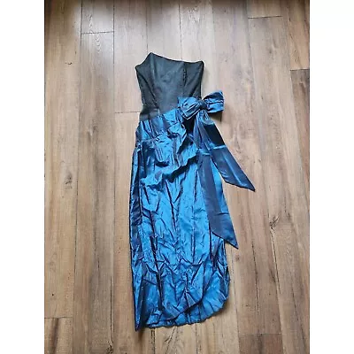 Vintage 80s Blue Metallic Bow Taffeta Stapless Formal Prom Gown • $52.25