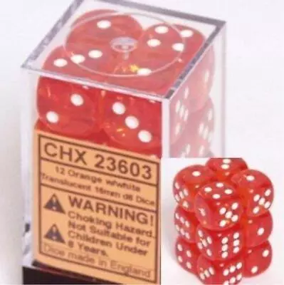 Chessex Dice D6 Sets Orange W/ White Translucent 16mm Six Sided Die 12 CHX 23603 • $8.08