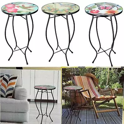 Round Side Coffee Patio Decor Table Mosaic Design Garden Flower Plant Iron/Glass • £16.95