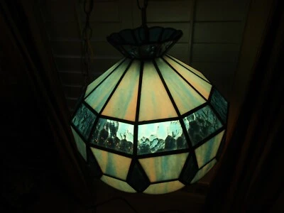 $79 • Buy Vintage Tiffany MCM Retro Stained Glass Hanging Ceiling Light Fixture Swag Lamp
