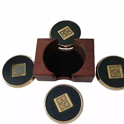 Vintage Brass Coasters In Wood Holder WNBA Star Excellent Condition!!! • $12.88