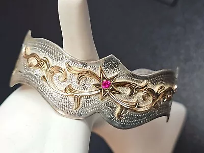 Vtg Justins Mexican Silver & Goldtone REAL RUBY Western Style Cuff Bracelet • £118.77