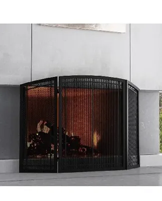 FireBeauty Fireplace Screen 3 Panel Wrought Iron Black Metal 48 L X30H Spark • $50