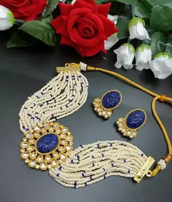 Mughal Choker Kundan Beads Necklace Earrings Jewelery Set Women Gift Jabells • $15.99