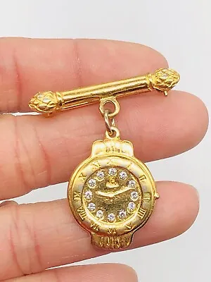 Vtg FENDI Gold Tone Clear Glass Rhinestones Clock Charm Dangling Brooch Pin • $93.50