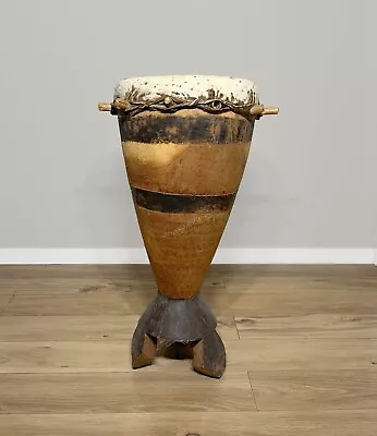 Vintage African Drum Hand Carved Wooden 26  Drum With Animal Skin FREE SHIPPING • $100