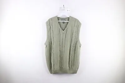 Vtg 90s Streetwear Mens Large Blank Cotton Cable Knit V-Neck Sweater Vest Green • $42.46