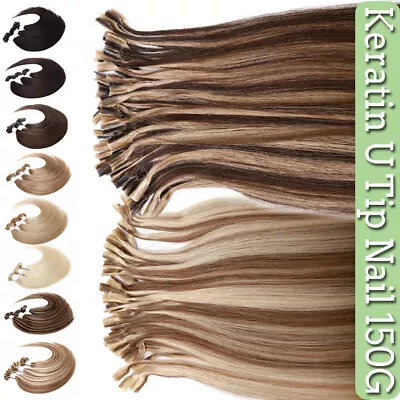 Pre Bonded U Tip Nail Tip Remy Human Hair Extensions Keratin Glue 150G Thick Icy • £31.72