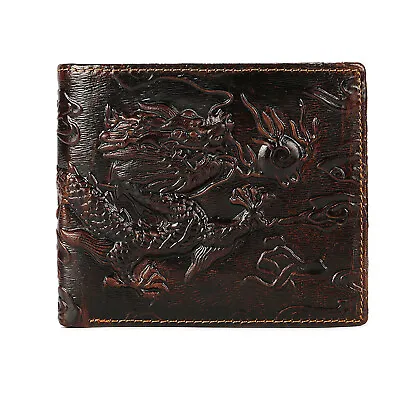 Dragon Brown Bifold Wallet Cow Genuine Leather Men's Wallet Cowhide Travel Purse • $8.39