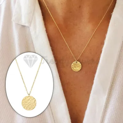 £3.99 • Buy 18K Gold Plated Thin Chain Hammered Circle Disc Pendant Vintage Fashion Necklace