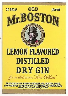 Old Mr. Boston Lemon Flavored Distilled Dry Gin Advertising Label • $1