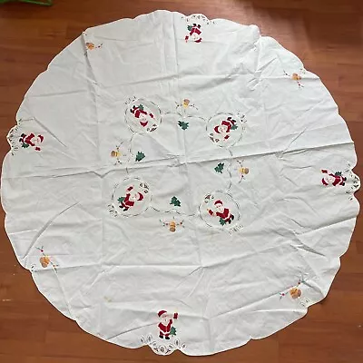 Vintage Embroidered & Applique Santa Bells White Round Christmas Tablecloth • $17.49