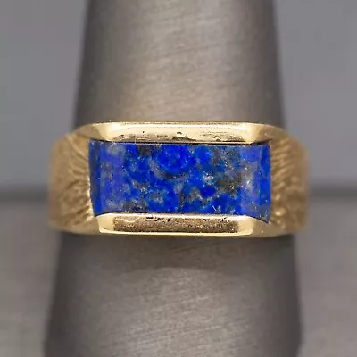 Men's Lapis Inlay Textured Signet Style Band Ring In 14k Yellow Gold • $595