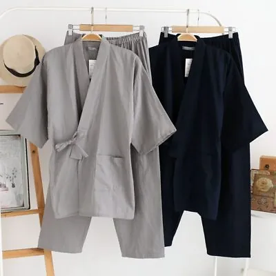 Men Traditional Japanese Pajamas Set Cotton Robe Pants Nightgown Japan Style • $39.63
