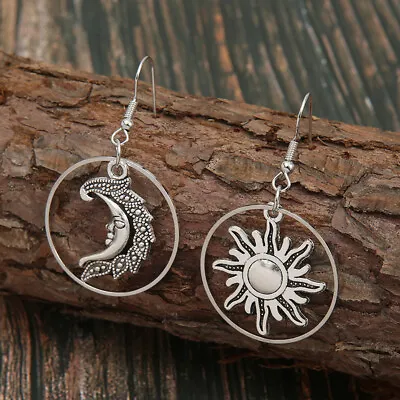 $1.57 • Buy Crescent Moon Sun Earrings Dangle Drop Hook Silver Boho Wicca Pagan Jewelry Gift