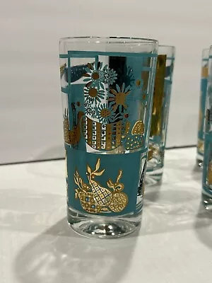 Tall Vintage Drinking Glasses Tumbler Turquoise/Gold Sunflower Pineapple 8pc • $59.99