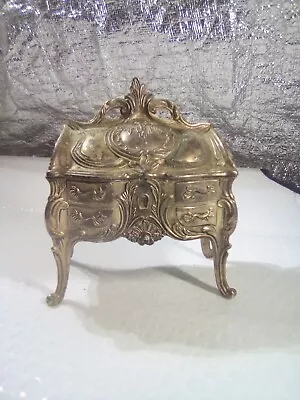 1900s Vintage Ornate Cast Metal Jewelry Casket Red Velvet Lining  • $34.99