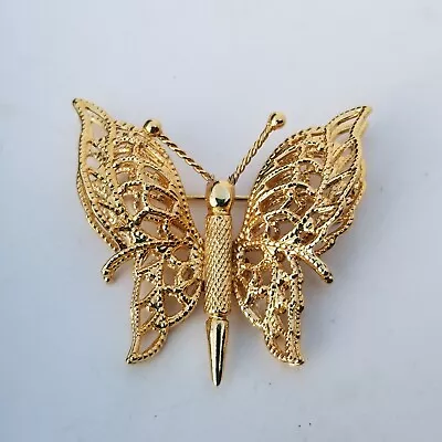 Vintage Monet Butterfly Brooch Pin Gold Tone 3D Filigree Wings Figural 1.5  • $12.95