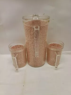 Vintage Plastic Thermo Wear Raffia Ware Burlap Pitcher & 2 Cups • $15.99