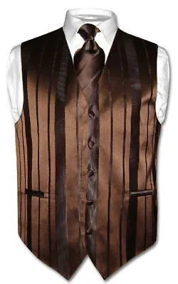 Men's Dress Vest & NeckTie DARK BROWN Color Woven Striped Design Neck Tie Set • $24.95