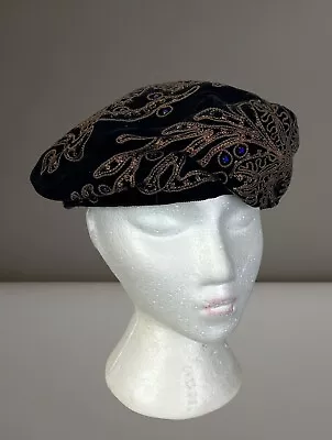 Vintage An Exclusive Marche Black Velvet Embroidered Beaded Cocktail Hat 21 In • $39.99