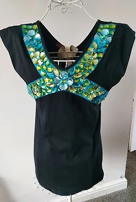£10 • Buy Butler And Wilson Blue/green Floral Crystals Embellished Black Top Size Small Uk