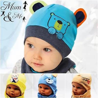 Baby Boys Lace Up Tie Hat With Scarf Set Infant Cotton Newborn Spring 2 Piece • £10.99