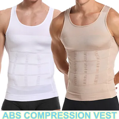 Mens Body Shaper Slim Vest Moobs Chest High Compression T-Shirt Workout Tank Top • £6.79