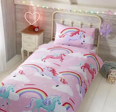 Girls Bedding Unicorn Rainbows Pink Single / Toddler Duvet Quilt Cover Bed Set  • £14.99