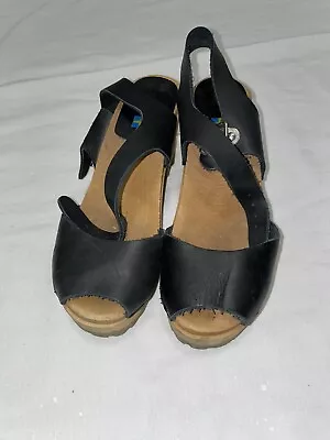 Moheda Black Leather Woven Wooden Clog Sandals Made In Sweden Womens Size EU 36 • $29.99