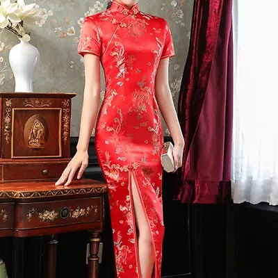 Classic Embroidered Cheongsam Qipao Dress Women Elegant Silk Satin Gown • $39.41