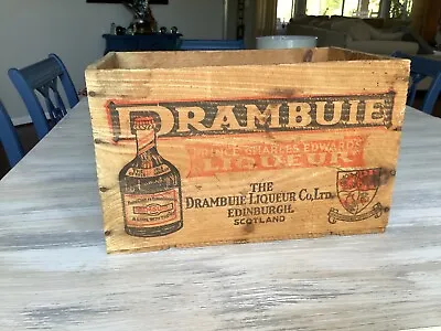 Vintage  DRAMBUIE LIQUEUR BLACK & RED INK STAMPED WOOD BOX AD CRATE  • $79