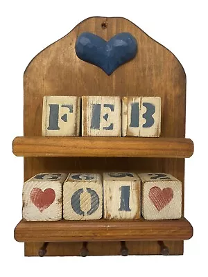 Vintage Wood Perpetual Wall Calendar Heart Design W/ Month & Number Blocks Keys • $24.99