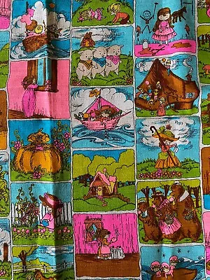 Vtg 70's THC Hawaiian Textiles #15585 Nursery Rhyme Barkcloth Fabric Neon Pink • $29.95