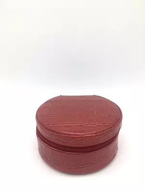 Jewelry Holder / Mini Suitcase Red Reptile Crocodile Faux Leather Round W/Mirror • $15