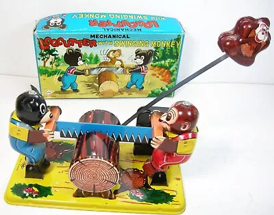 Vintage Wind Up Log Cutter Swinging Monkey Toy Yone Japan Tin Mechanical W/VIDEO • $395.22